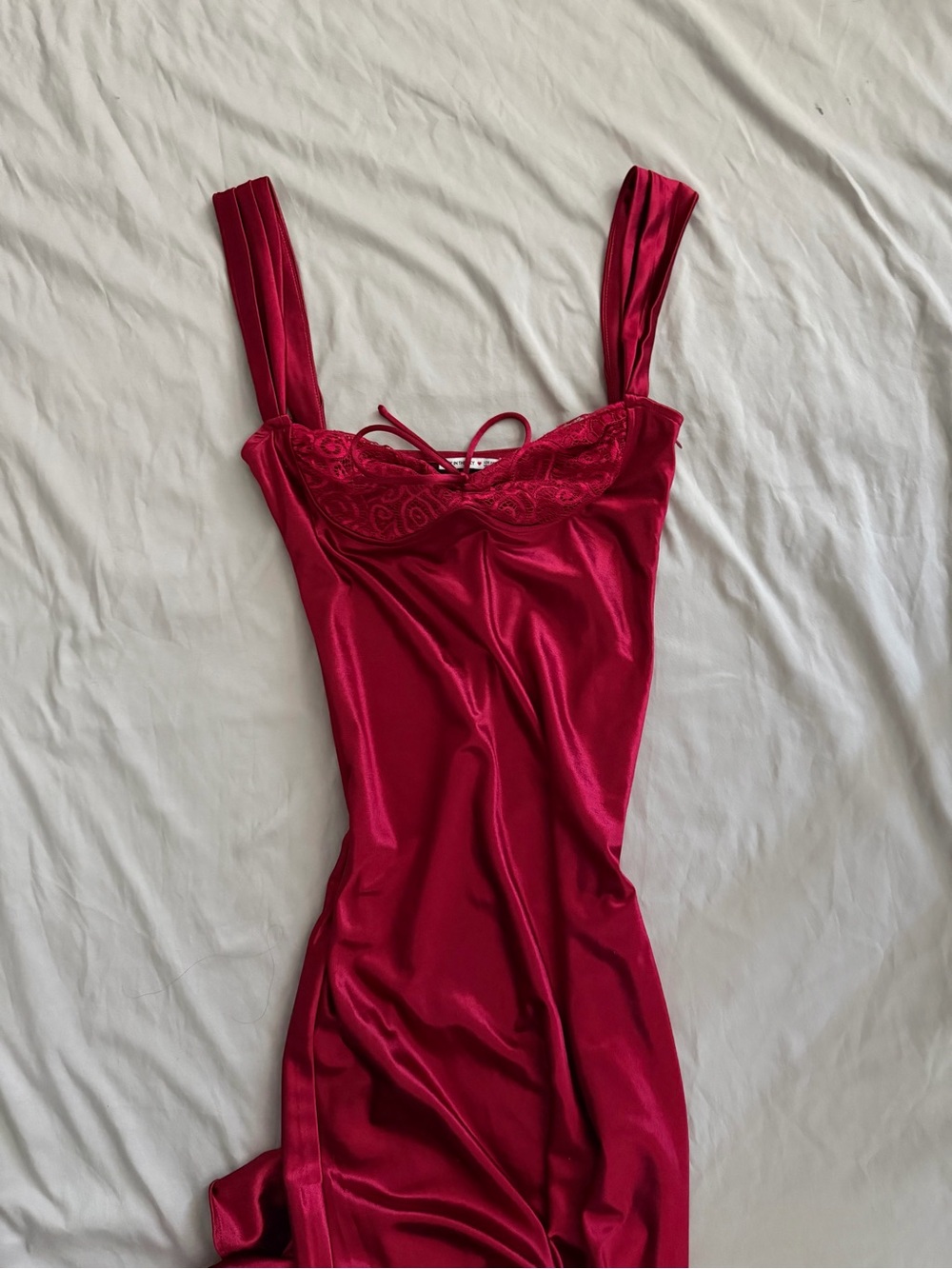 Lucy in the Sky Red Satin Lace Bust Maxi Dress
